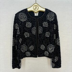 Vintage Sténay Beaded Silk Floral Jacket MEDIUM Black Evening Party Occasion
